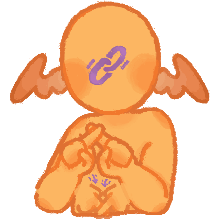 A drawing of a yellow person with brown wing ears. The yellow person is doing the ASL sign for Depend. They have a purple link symbol instead of a face.